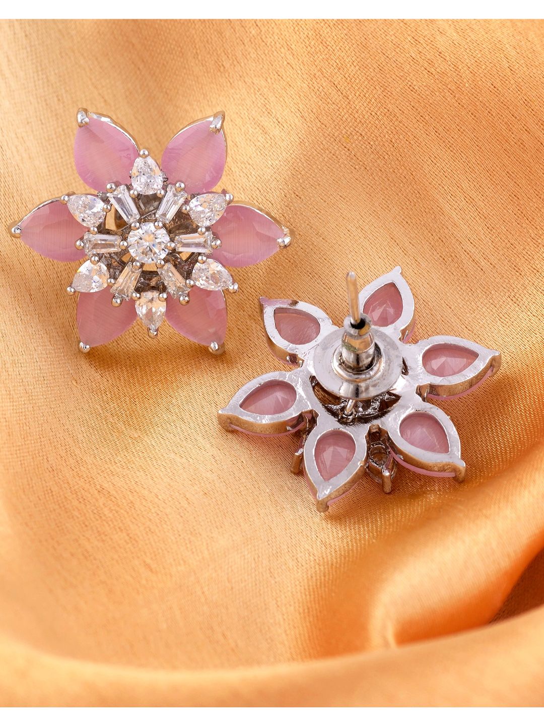 White Rhodium Pink AD studded handcrafted Ear Ring